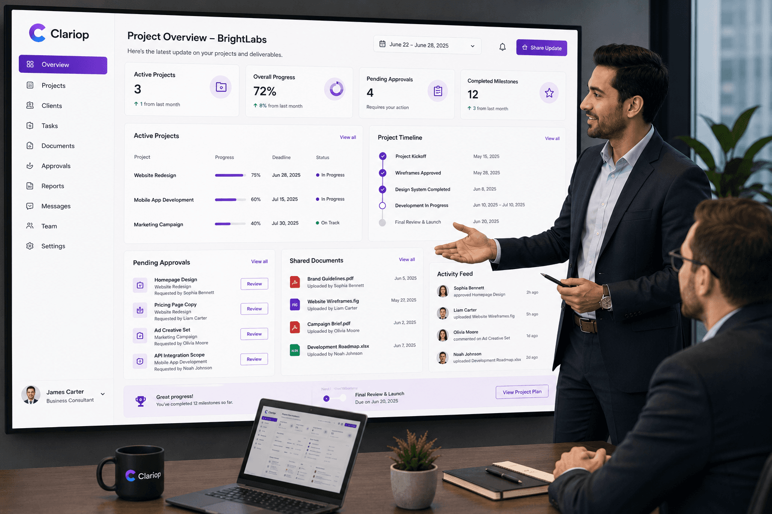 A business consultant presenting project progress to a client on a Clariop dashboard showing active projects and completed milestones