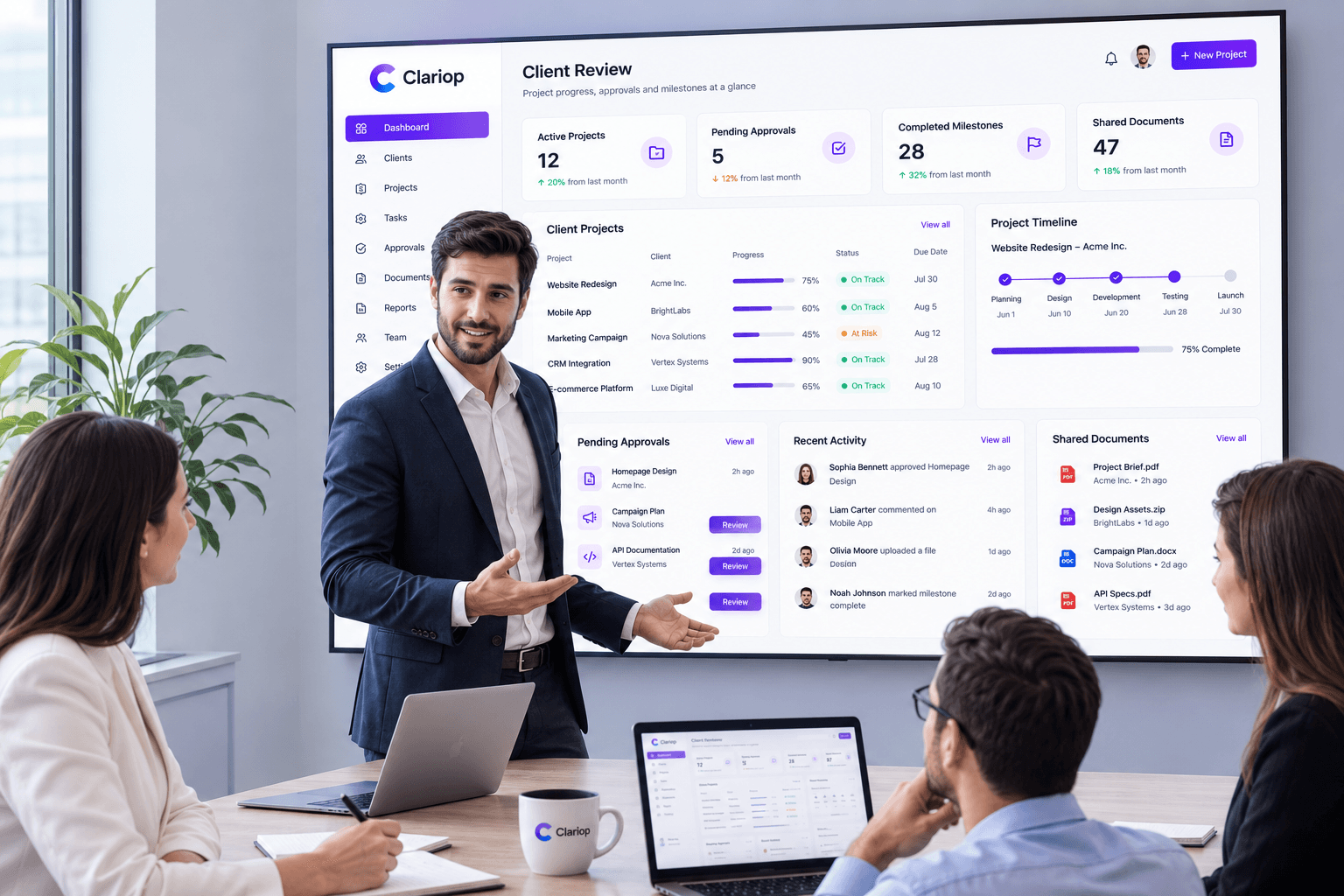 A project manager conducting a client review meeting in front of a Clariop dashboard displaying active projects and progress timelines