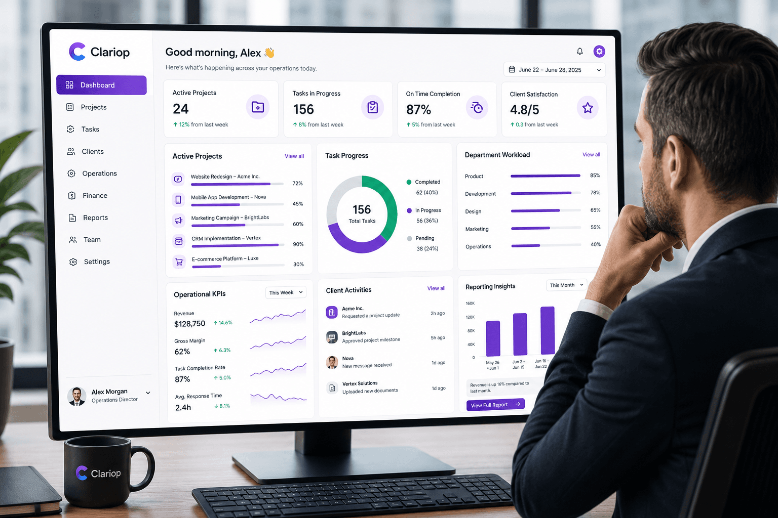 A business leader reviewing a company-wide operations dashboard showing active projects, task progress, and KPIs in Clariop's purple and white design
