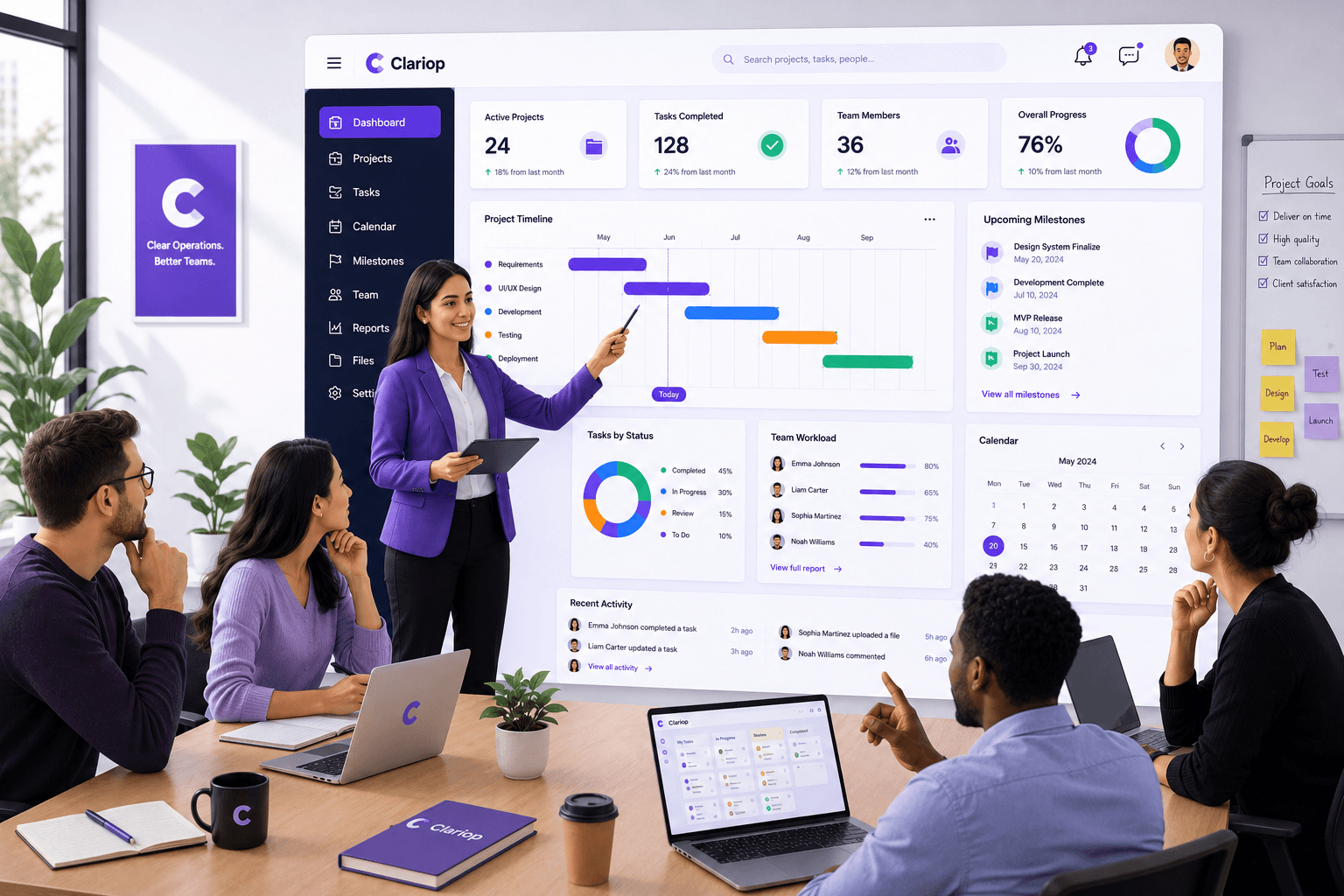 A project manager leading a planning session with a team around a digital project board displaying milestones and progress in Clariop's purple and white branding