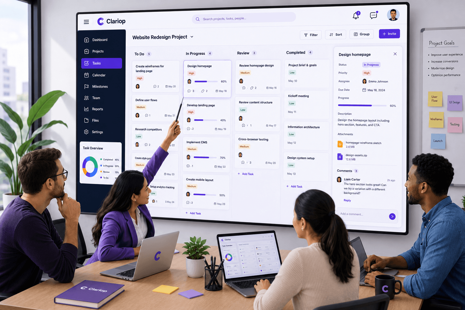 A team collaborating around a digital task board with cards moving through To Do, In Progress, Review, and Completed stages in Clariop's purple and white design