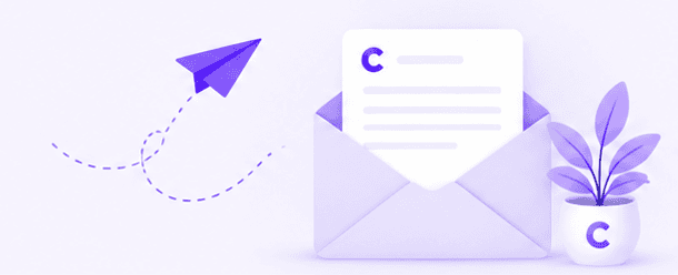 Illustration of an envelope with a Clariop letter, a paper plane, and a plant