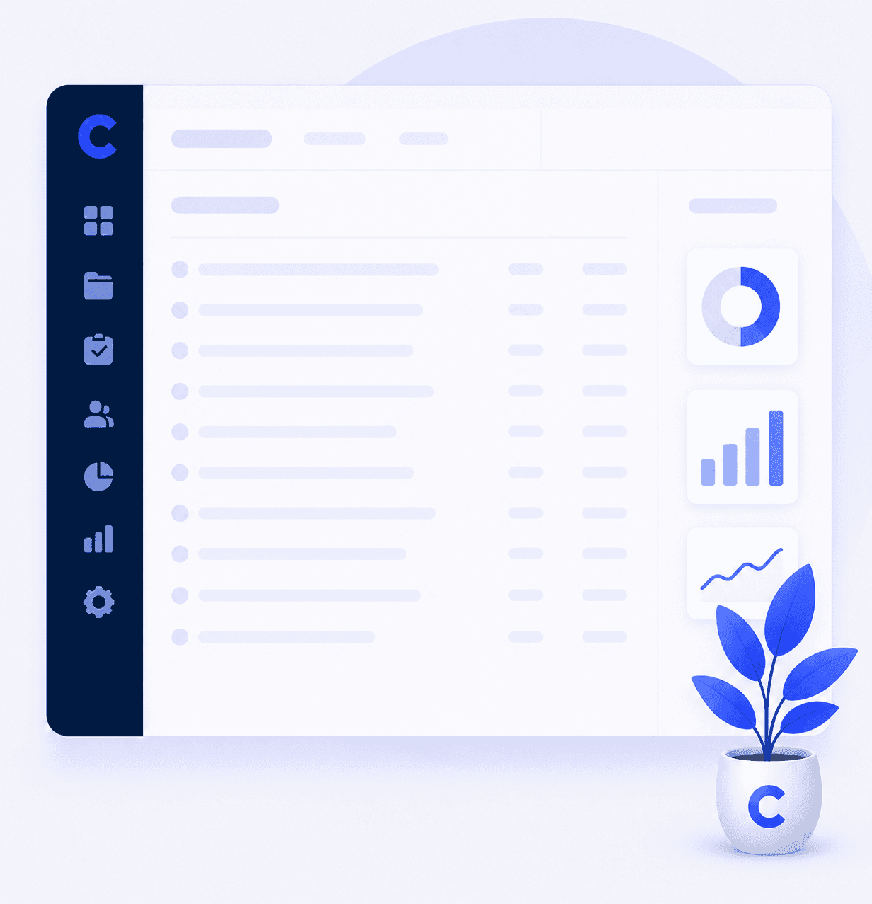 Illustration of a Clariop dashboard with charts and a plant