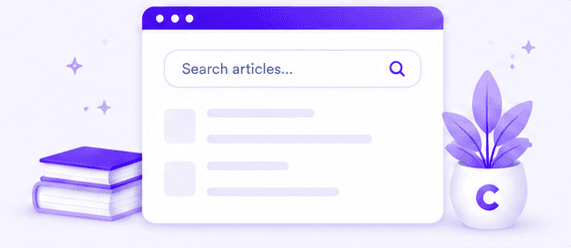 Illustration of a search articles panel with books and a plant