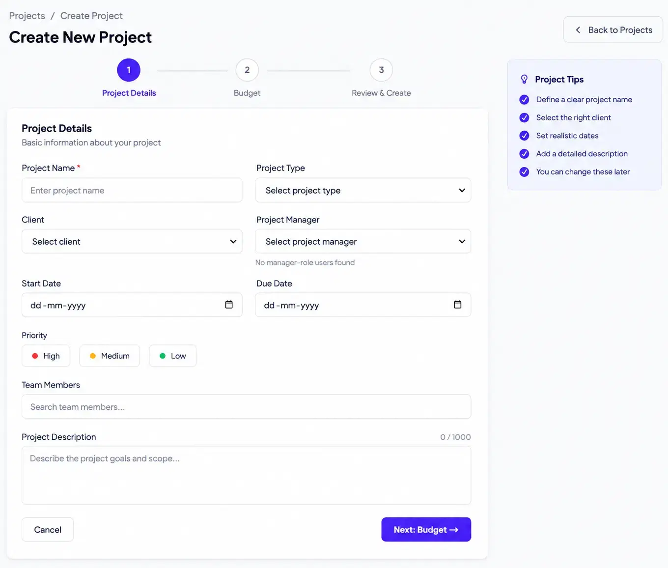 Screenshot of the Create Project flow in Clariop