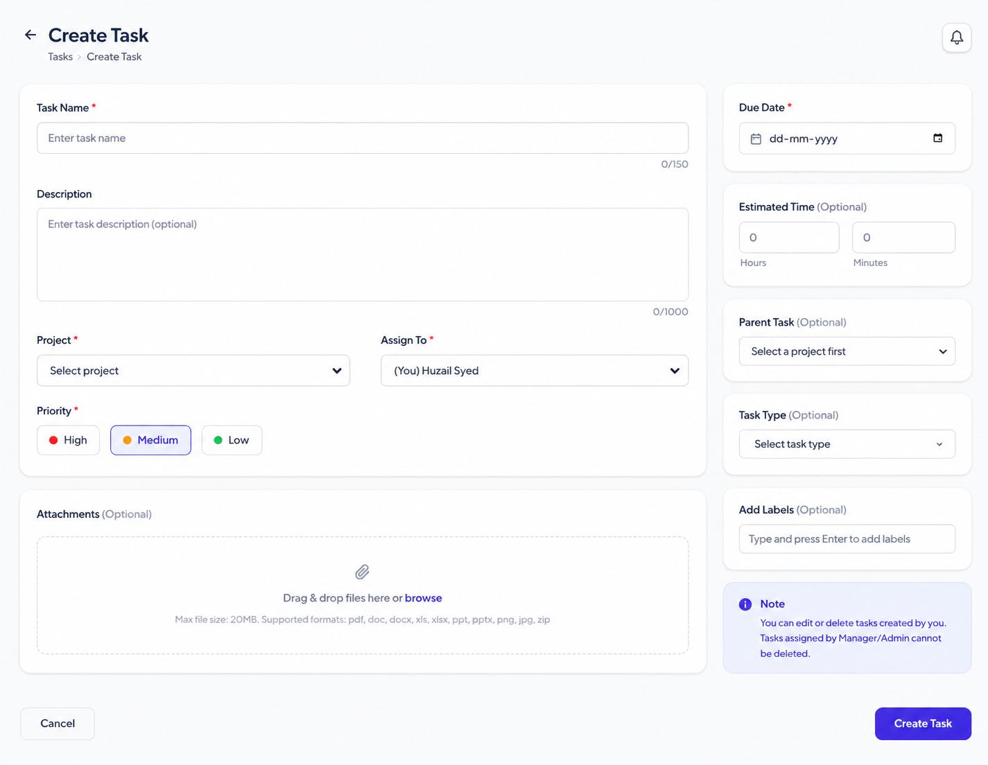 Screenshot of the Create Tasks flow in Clariop