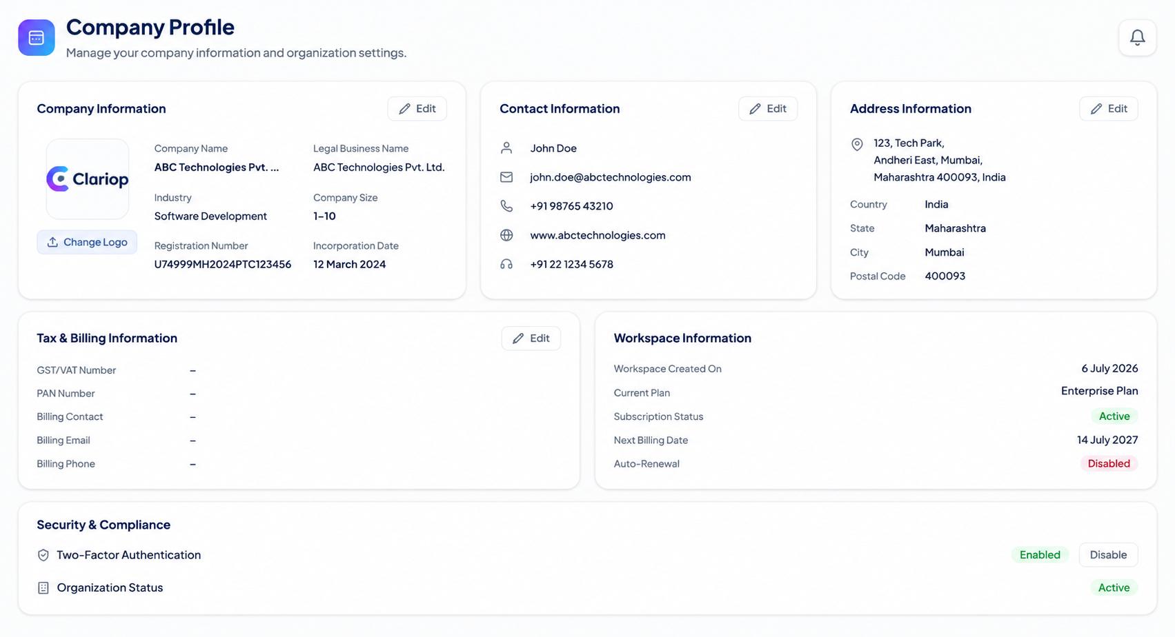 Screenshot of the Create Workspace flow in Clariop