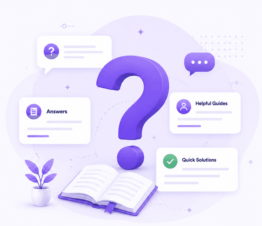 Illustration of a question mark, open book, and helpful answer cards
