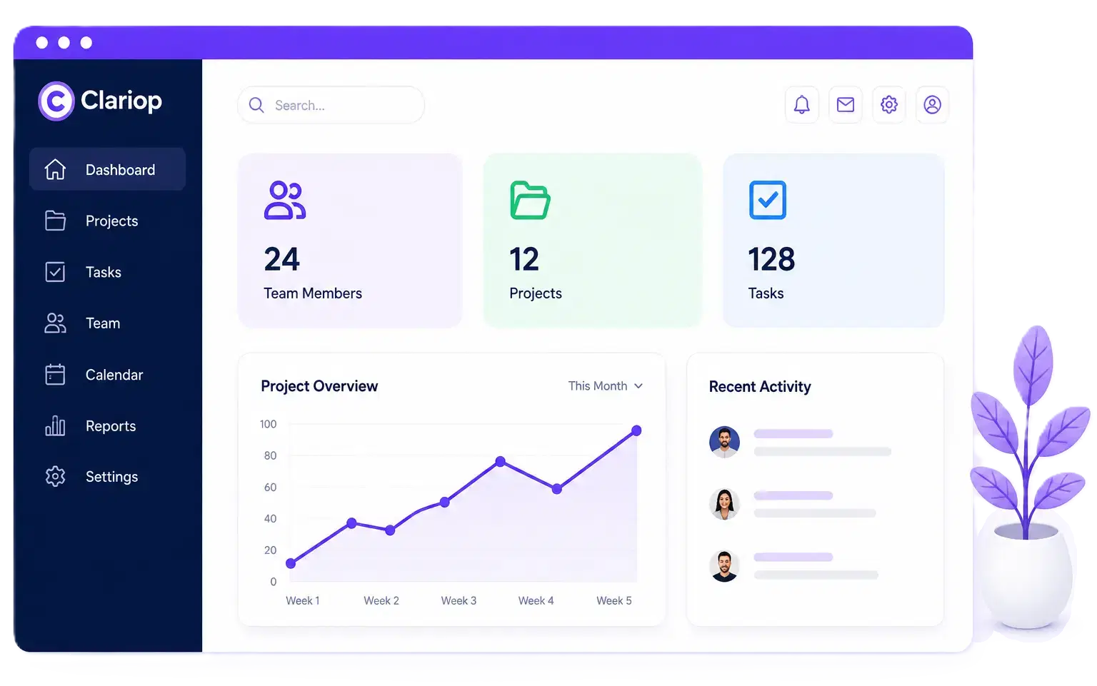 Clariop dashboard showing team members, projects, tasks, and a project progress overview