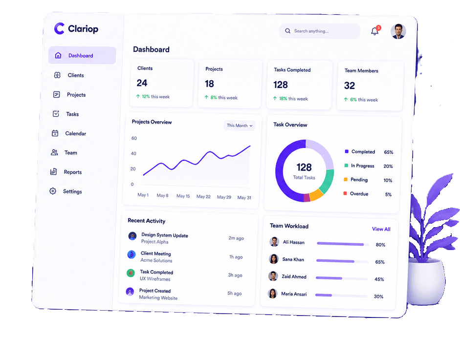 Clariop dashboard preview showing projects, tasks, and team workload