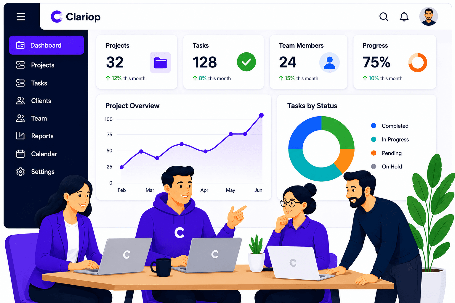 Clariop dashboard preview with a team collaborating