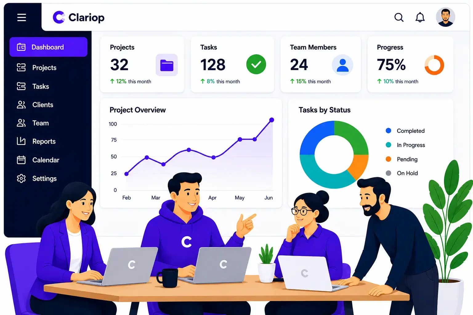 Clariop dashboard preview with a team collaborating