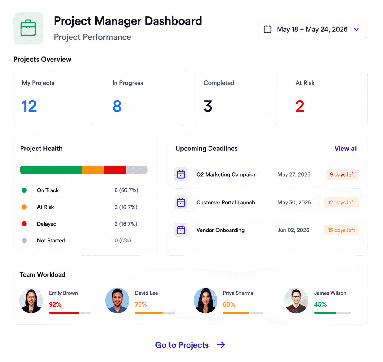 Project Manager dashboard showing project performance and task management