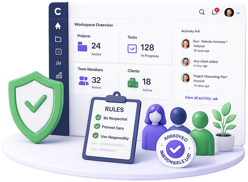 Illustration of a Clariop workspace overview dashboard with a security shield, a rules checklist, and an approved responsible use badge