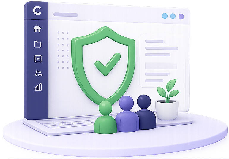 Illustration of a team standing in front of a security shield inside the Clariop workspace