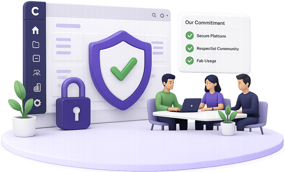 Illustration of a team collaborating in front of a security shield and a lock, with an "Our Commitment" checklist covering secure platform, respectful community, and fair usage