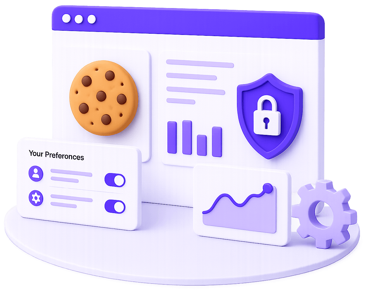 Illustration of cookie preference toggles, analytics charts, and a security shield representing cookie usage on Clariop