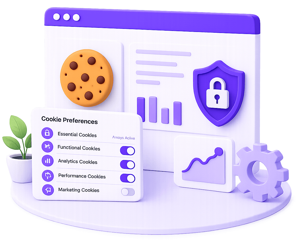 Illustration of a Cookie Preferences panel with toggles for functional, analytics, performance, and marketing cookies, alongside a security shield and settings gear