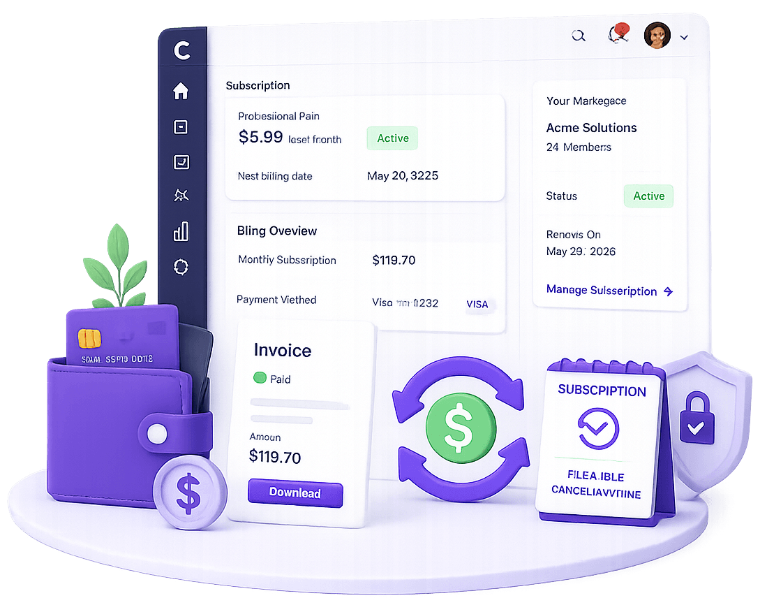 Illustration of the Clariop billing dashboard showing a subscription plan, invoice, payment method, and workspace details