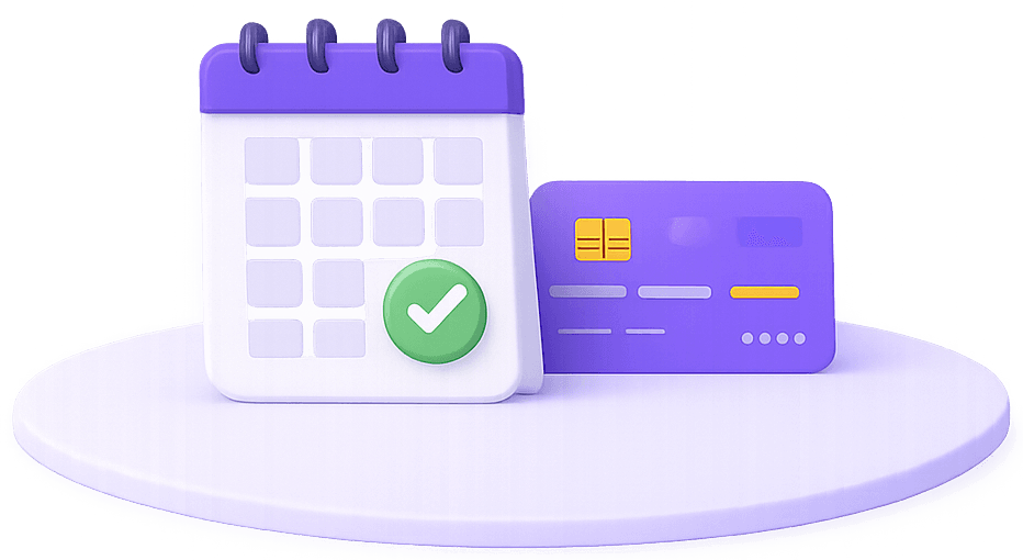 Illustration of a calendar with a confirmed checkmark next to a credit card