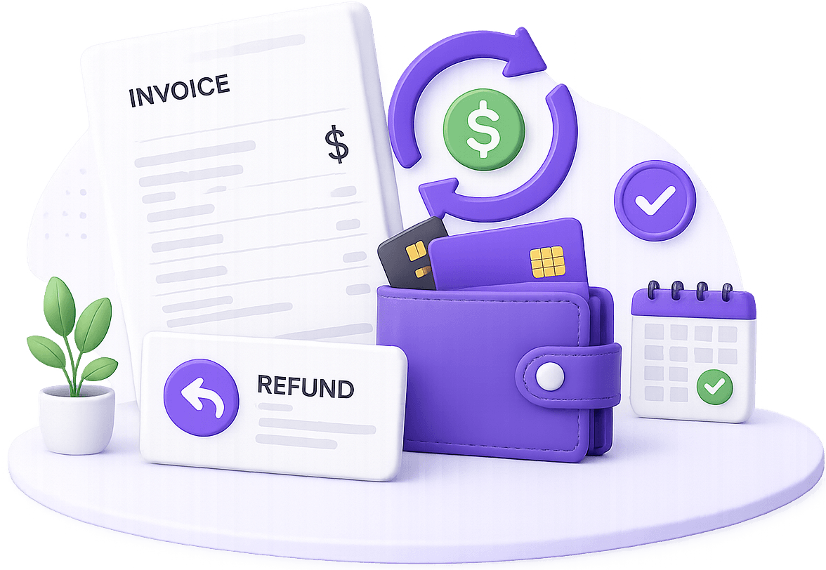 Illustration of an invoice, wallet with cards, a refund arrow, and a calendar representing the Clariop billing and refund process