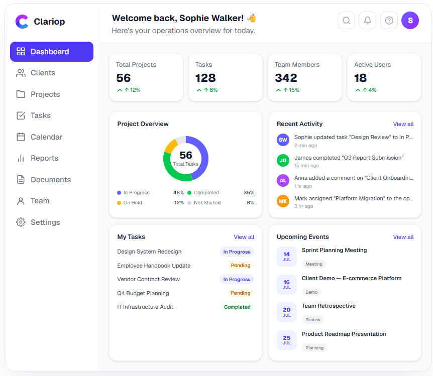 Clariop operations dashboard showing project stats, recent activity, tasks, and upcoming events