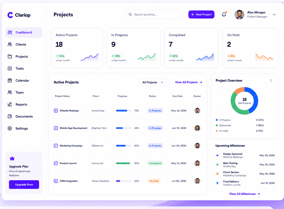 Clariop projects dashboard showing active projects, progress tracking, and milestones