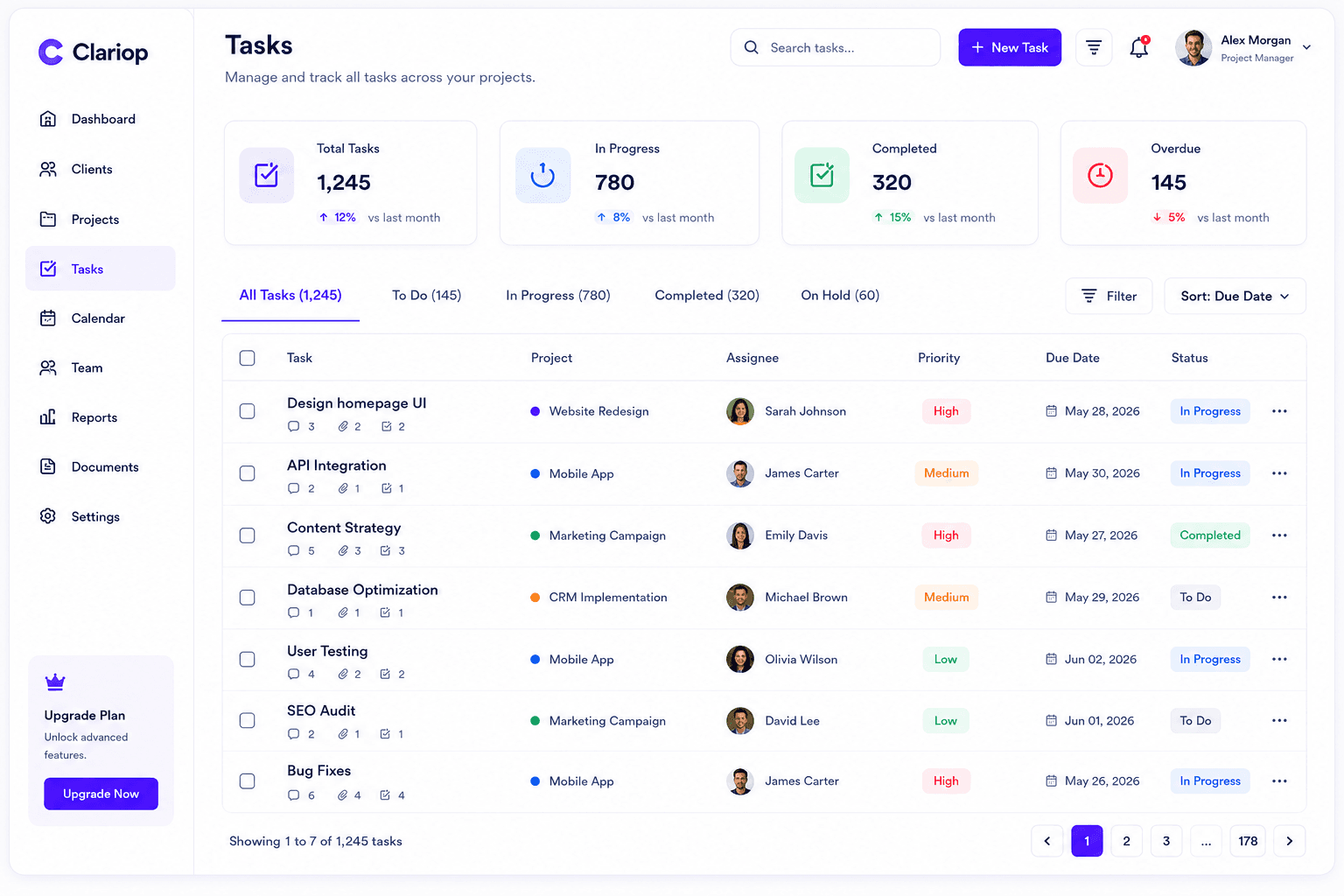 Clariop tasks dashboard showing task list, priorities, status, and team assignments