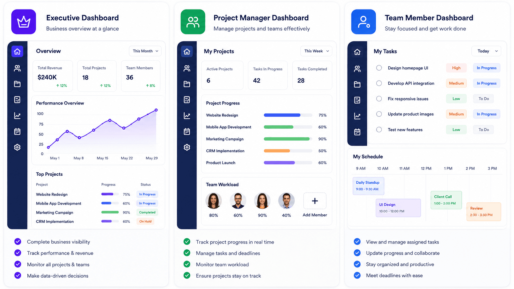 Executive, Project Manager, and Team Member dashboards preview