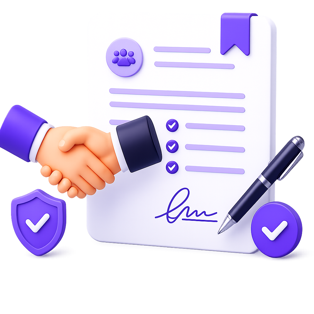 Illustration of a handshake in front of a signed agreement document, representing trust and mutual agreement