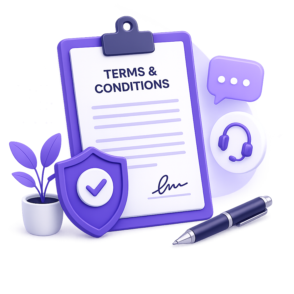 Illustration of a signed Terms & Conditions document with a security shield and checkmark