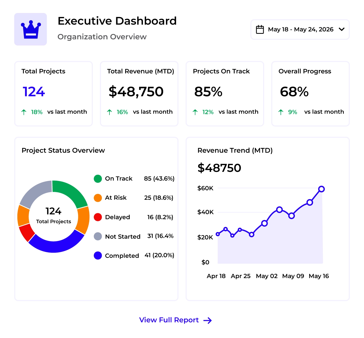 Executive dashboard showing strategic overview with key metrics and revenue charts