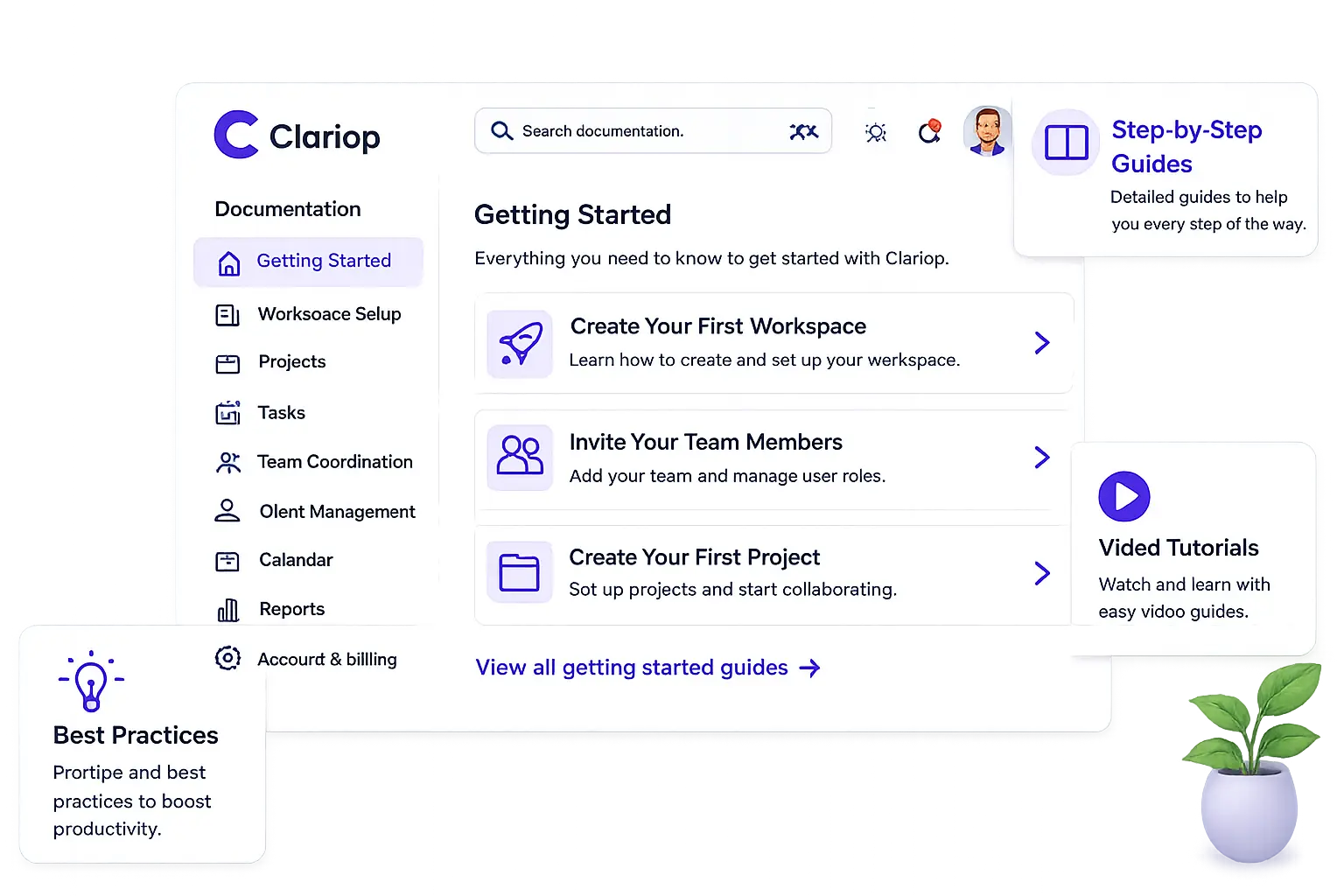 Preview of the Clariop documentation panel showing the Getting Started guide with workspace, team, and project setup steps